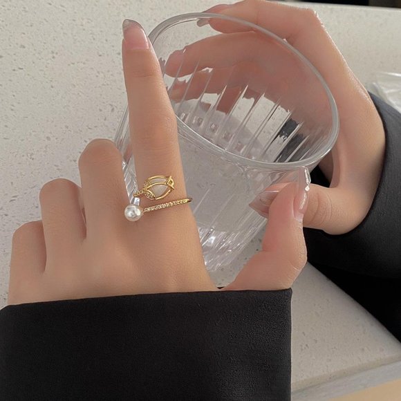 3/$35 Copper Flower Pearl Open Ring Adjustable Gold Tone Opal Cubic Zirconia - Picture 7 of 7